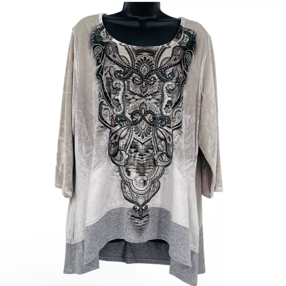 One World Gray Black Velvet Burn Out Whimsigoth Embellished Tunic Top Si…